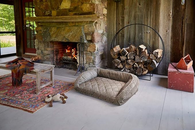 Orvis ComfortFill-Eco Bolster Dog Bed - Plush Rectangular Dog Beds with Three-Sided Bolster for Leaning, Heathered Khaki - L