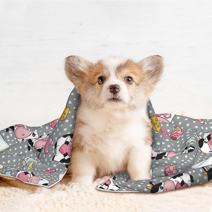 Double Sided Plush Pet Blanket for Small Large Animals, Cartoon Cow Character, Reversible Throw with Dimpled Dot Side and Flat Side for Kennels Living Rooms