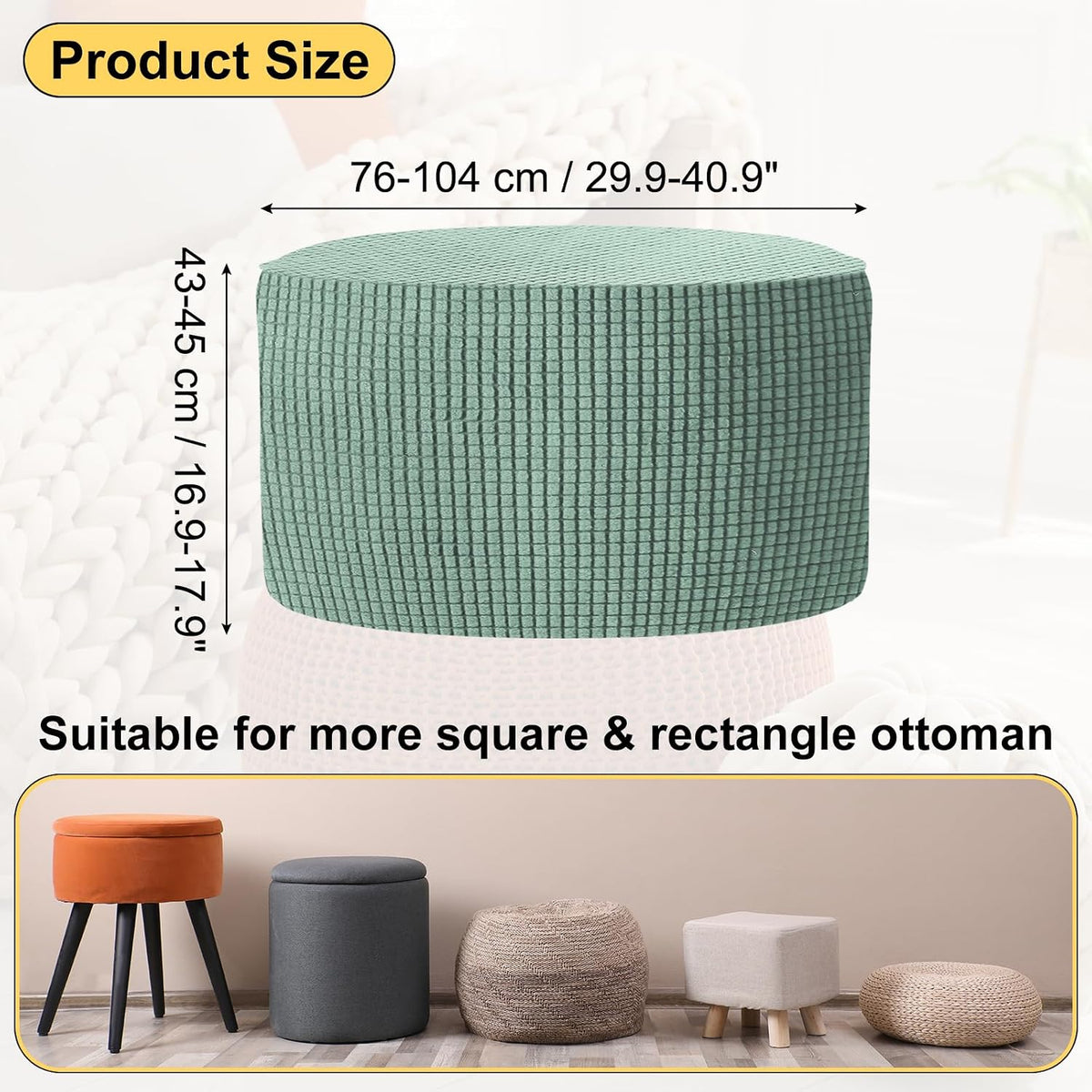 uxcell Ottomen Cover Round, Jacquard Ottomen Slipcover with Elastic Bottom Fit 76cm-104cm /29.9"-40.9" Diameter, Stretchable Footrest Stool Covers for Furniture Protector, Gray Green
