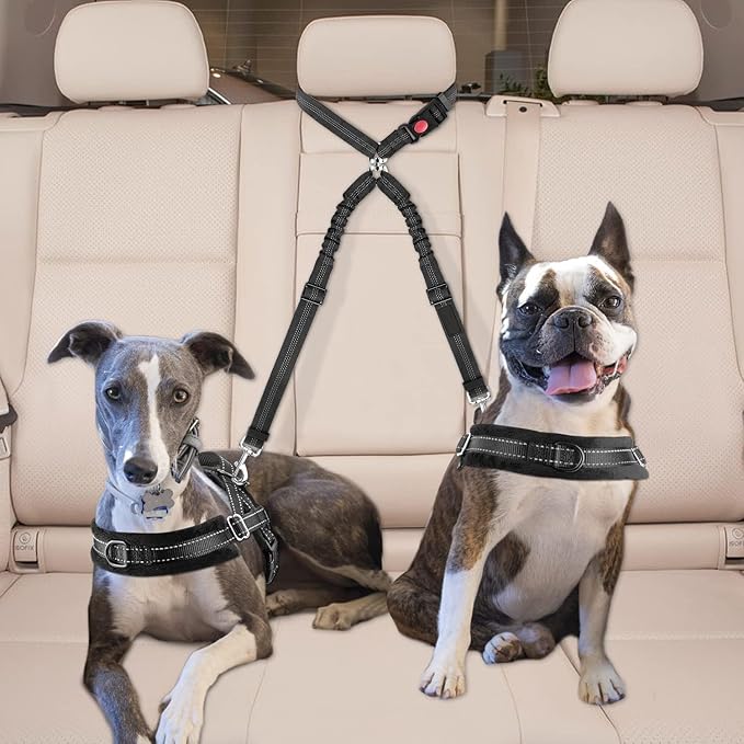 Dog Seat Belt for Car, Dual Pet Vehicle Headrest Restraint Safety Seatbelt,Two Dog Leash No Tangle Dog Car Leash Seat Belt,Duty Adjust Elastic Connect Harness in Vehicle Travel(Pink)