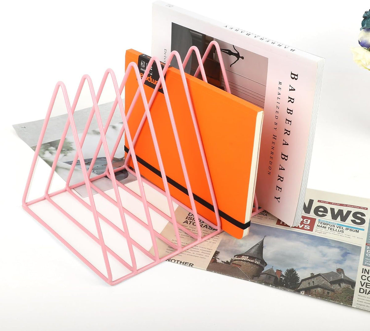 EASEPRES Vinyl Record Holder Storage, 9 Slot Metal Magazine Book Album Display Rack, Stylish Triangle Desktop File Sorter Organizer for Home Office, Pink Pack of 2