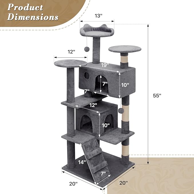 Athena Collection Cat Tree, 54 Inch Cat Tree Tower for Indoor Cats, Multi-Level Cat Tower House Activity Center with 2 Cat Condo & Scratching Post & Dangling Ball, Tall Cat Climbing Tower, Darkgray