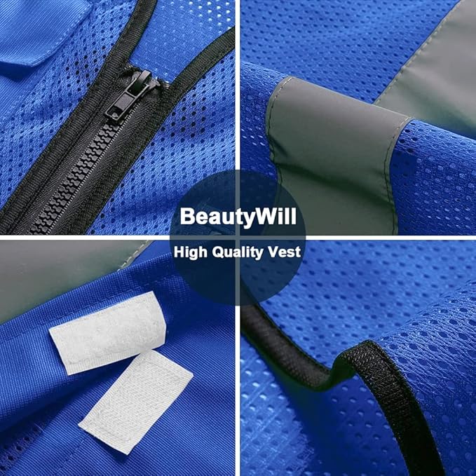BeautyWill 5 Pack Mesh Safety Vest Custom Logo Class2 High Visibility Reflective Vest with 5 Pockets Construction Security Work Vest ANSI/ISEA Standards（Blue，3XL ）