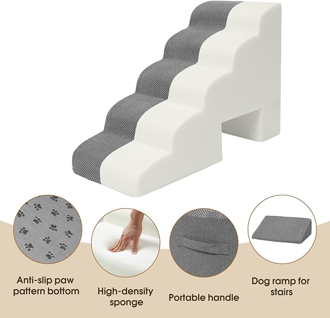 Dog Stairs for High Beds 20-24 inches Tall, 5-Step Dog Steps for Bed for Small Dogs, Doggie Ramp for Bed, 30D Foam Pet Stairs for Old Dogs/Cats for Bedsides Climbing, Free-Installation, Grey