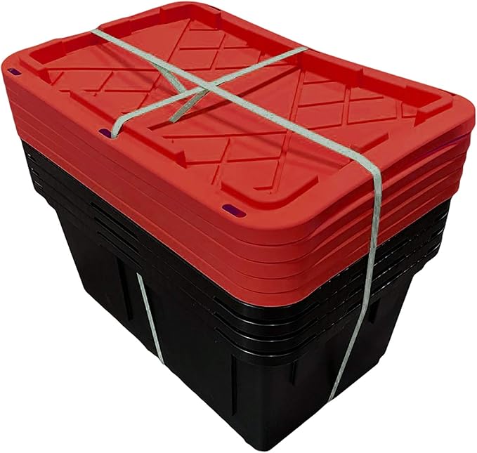 MonsterRAX WS-BR27-Z5 Bin Rack with 5-Pack 27 Gallon Storage Totes, Stackable & Lockable, Red Lid/Black Bin