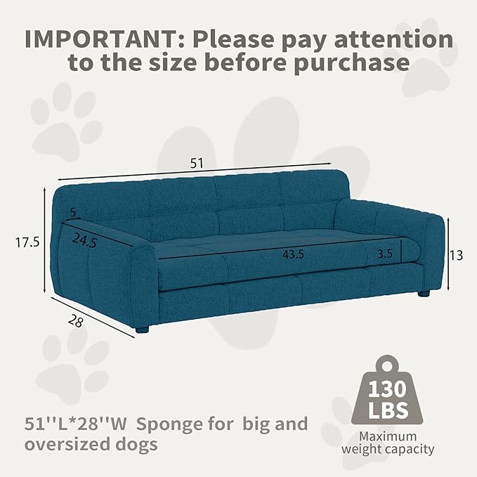 51" Soft and Comfortable Pet Bed for Large and Oversized Dogs, Durable Elevated Dog Sofa with Armrest and Backrest, Modern Linen Fabric Dog Couch, Dark Blue