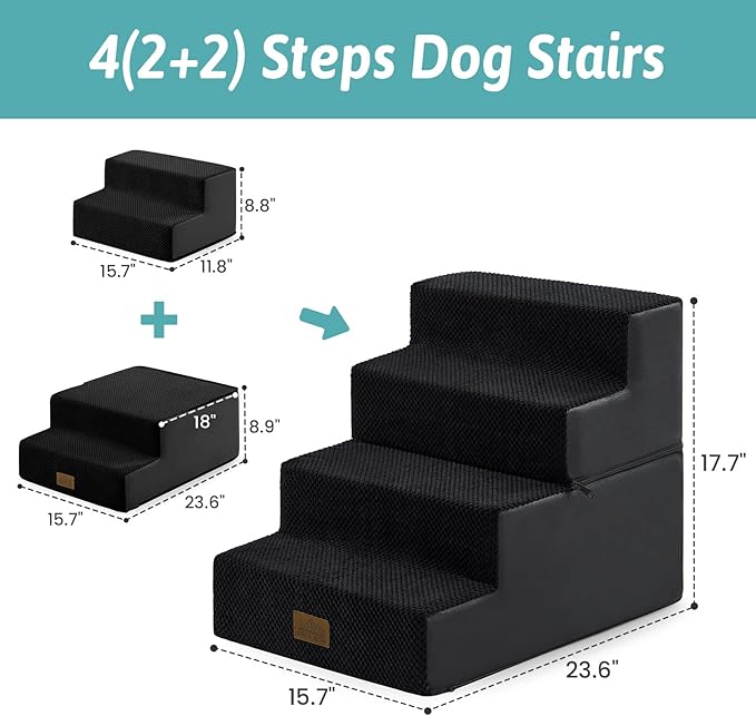 Dog Stairs for Small Dogs, 4 Tier Removable Pet Stairs for Couch and Bed, 17.7" H Dog Steps for Old Cats, Puppy, Small Dogs, 15.7x23.6x17.7 inch, Black