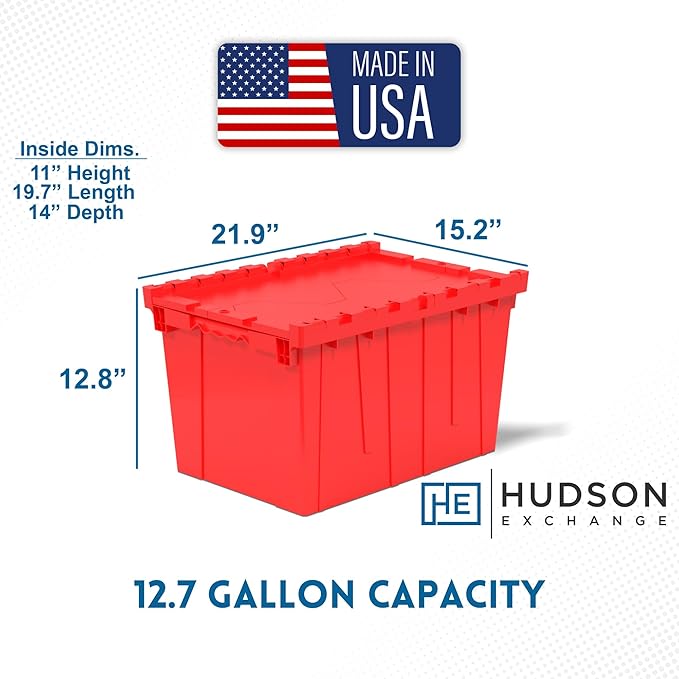 Hudson Exchange 21.9 x 15.2 x 12.8” (3 Pack) Storage Tote Distribution Container with Hinged Attached Lid, Red