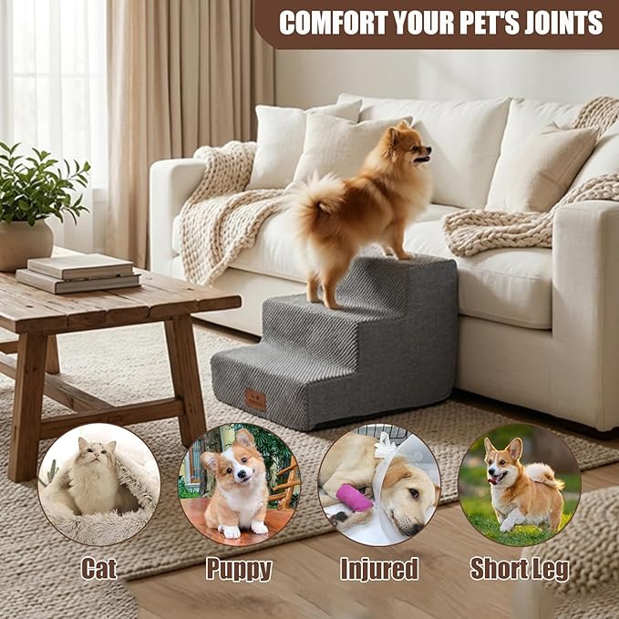 2 Pcs Dog Stairs 3-Step Dog Stairs for Bed Couch Sofa 13.5" H Pet Steps for Puppy Small Dogs Cat Puppy Small Medium Dogs (Grey, 3-Stairs 13.5" H)