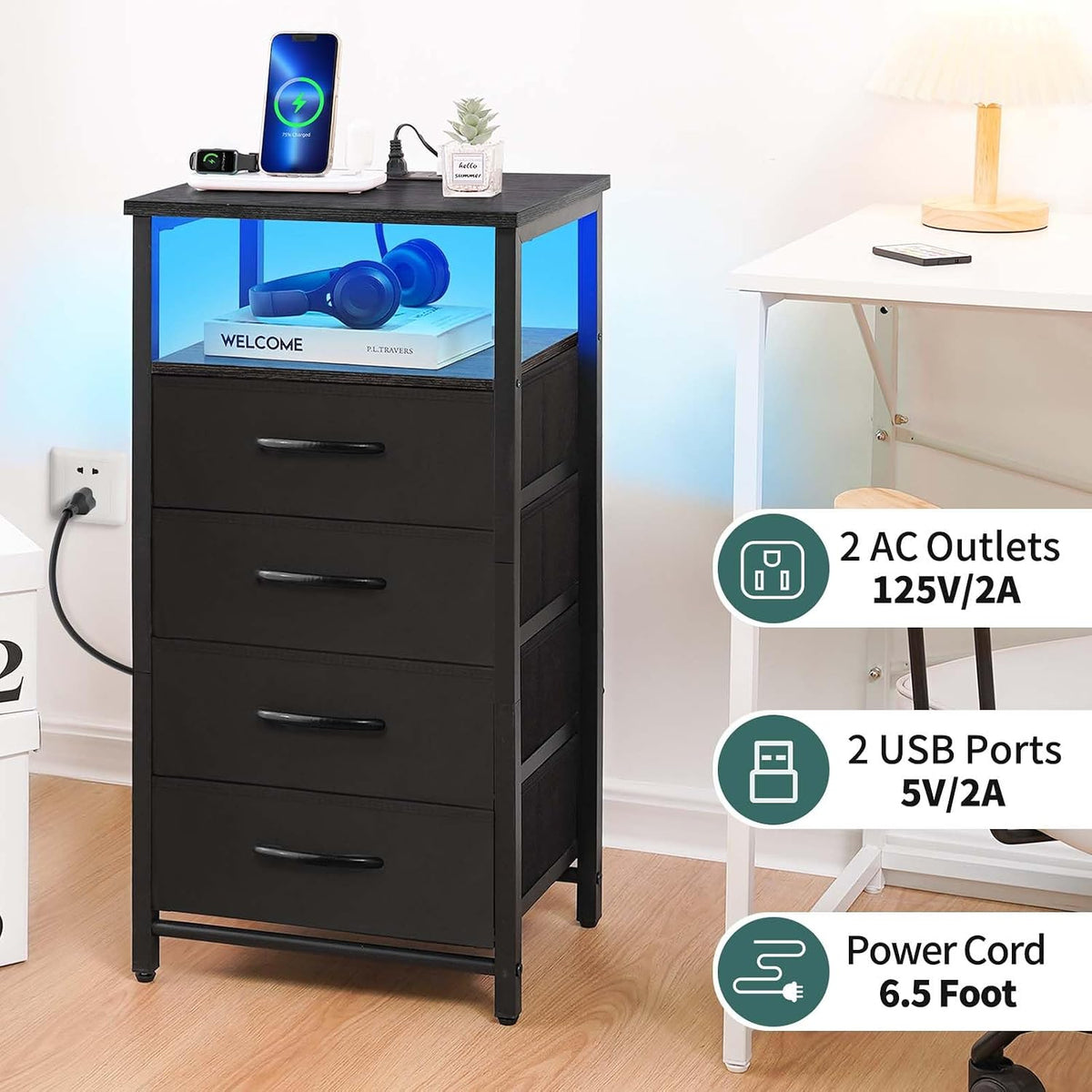 Yoobure Night Stand - Black Nightstand with Charging Station, Small Dresser