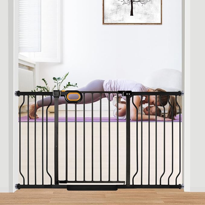 Gate for Baby Indoor 29-57'' Wide, Adjustable Safety Gate for Stairs No Drilling Baby Gate with Door Pet Pressure Mount Gate for Kids Dogs Extension Kit Stairway Doorway Black (30.5'' Tall)