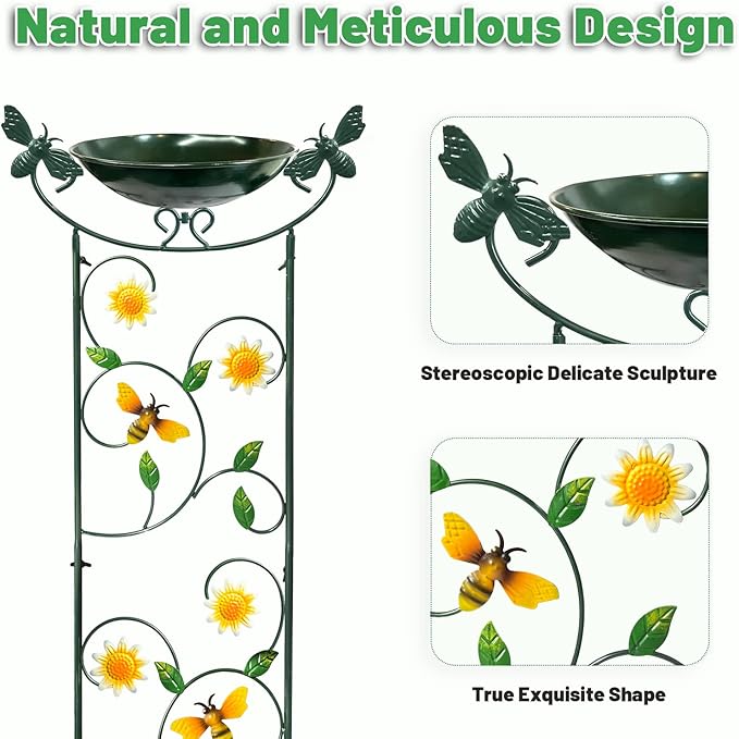 HONGLAND 36.5" Metal Bird Bath with Trellis, Outdoor Garden Birdbath with Detachable Bowl & Climbing Plant Support, Decorative Bird Feeder Station with Bee for Yard, Patio, Fence