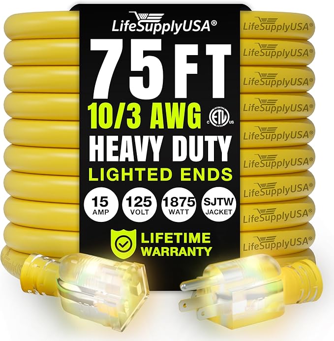 75ft Outdoor/Indoor Extension Cord 10/3 Gauge Ultra Heavy Duty 3 Prong SJTW, Waterproof, ETL Listed, Flexible Cold-Resistant Long Power Cord,15A 125V 1875W, Yellow by LifeSupplyUSA