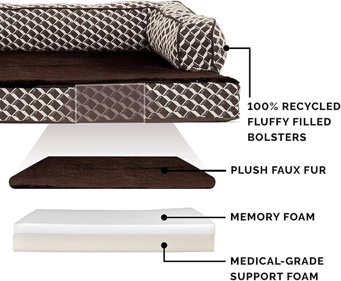 Furhaven Memory Foam Dog Bed for Medium/Small Dogs w/ Removable Bolsters & Washable Cover, For Dogs Up to 35 lbs - Plush & Woven Decor Comfy Couch Sofa - Diamond Brown, Medium
