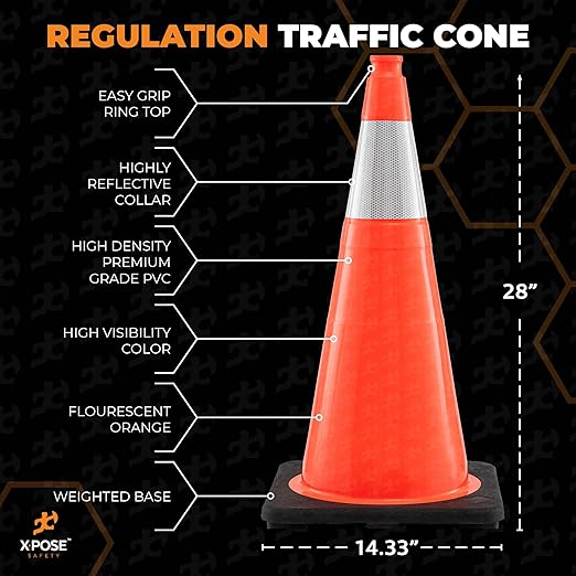 Xpose Safety 28 Inch Orange Traffic Cones with 6" Collar - 12 Pack Multipurpose PVC Plastic Safety Cone for Parking, Soccer, Caution, Kids and Construction - DOT Approved