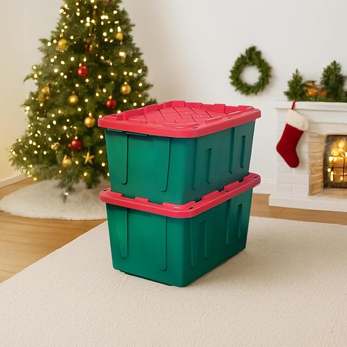 HOMZ 2-Pack Durabilt, Heavy Duty Plastic Storage Bins with Lids, 27 Gallon, Green/Red - Stackable Container Boxes for Holiday, Attic, and Garage Organization