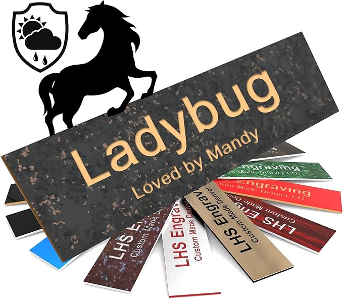 Horse Stall Name Plate, 2x6 Personalized Stall Signs, UV Protected, All Weather Adhesive, Hanging, Mounting or Other, Charcoal Marble Pattern Plastic Gold Letters - Made in USA - S6
