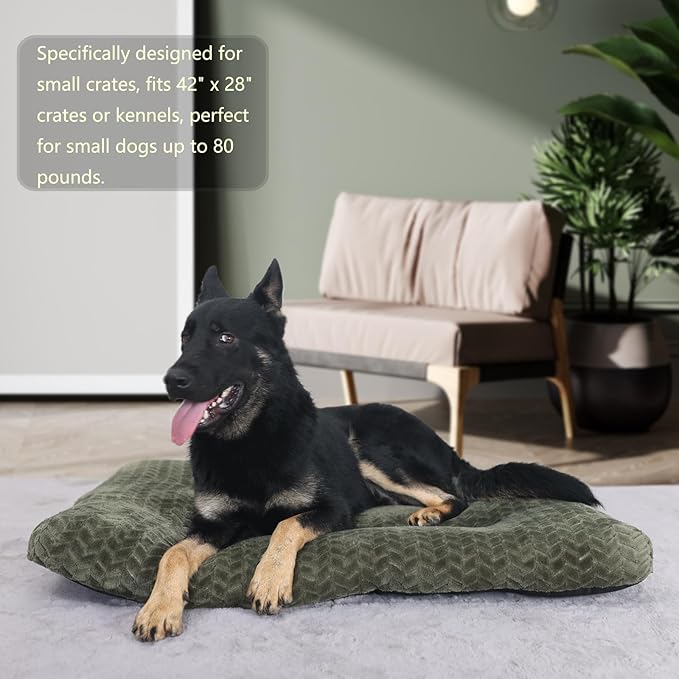 Large Dog Bed - 42 Inch Soft & Fluffy Crate Pads for Dogs Up to 90 lbs - Washable, Olive Green
