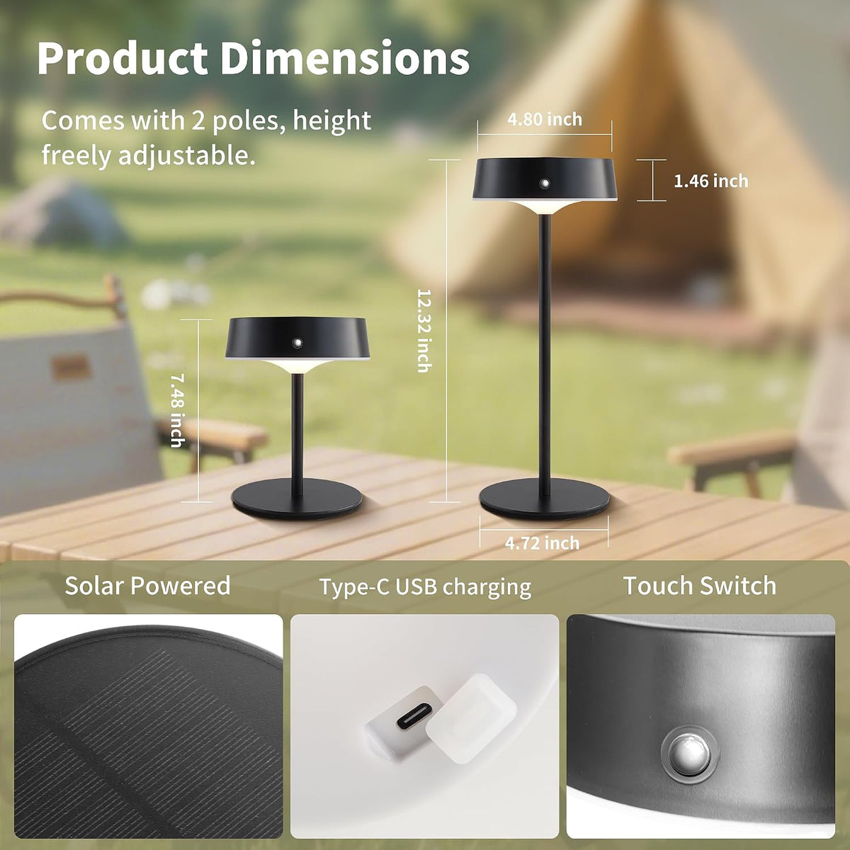 Mr.White Solar Waterproof Outdoor Rechargeable Cordless Table Lamps, Set of 2 Touch Dimmable Operated Battery Table Lights for Patio, Restaurant, Kitchen (Black)