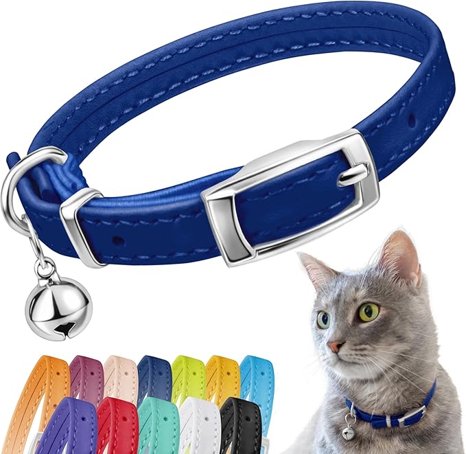 CollarDirect Leather Cat Collar with Removable Bell (Navy Blue, 6-7 Inch)