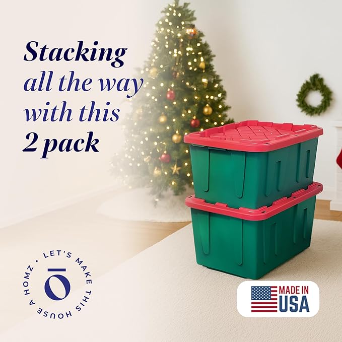 HOMZ 2-Pack Durabilt, Heavy Duty Plastic Storage Bins with Lids, 27 Gallon, Green/Red - Stackable Container Boxes for Holiday, Attic, and Garage Organization
