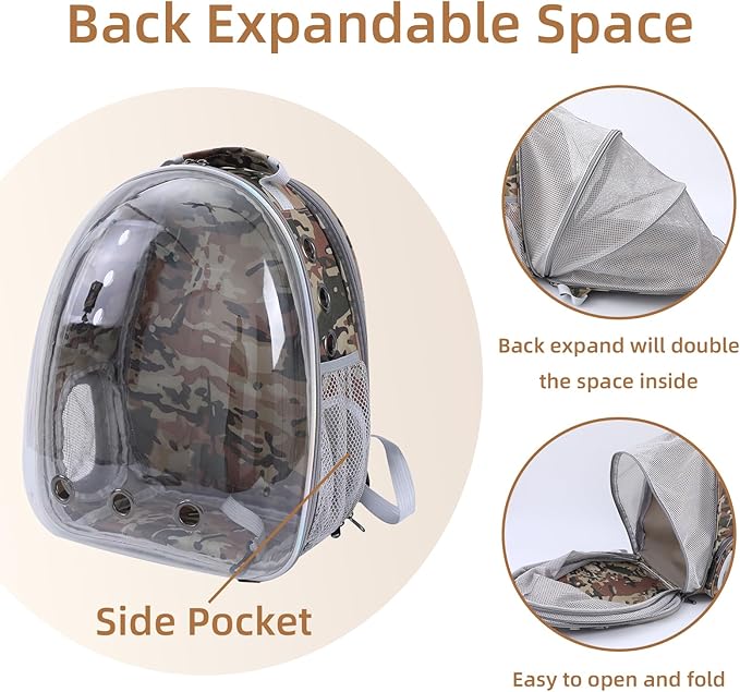 Cat Backpack Carrier Back Expandable Bubble Pet Carrier Backpack for Large Cat, Kitten and Dog, Designed for Hiking, Travelling and Outdoor Use (Back Expandable-Camo)