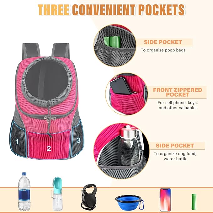 YUDODO Dog Front Carrier Backpack, Adjustable Breathable Pet Carrier for Small Dogs, Ventilated Puppy Back Pack with Safety Belt, Lightweight Doggy Backpack for Hiking Outdoor (Rose, M: 4.5-8 lbs)