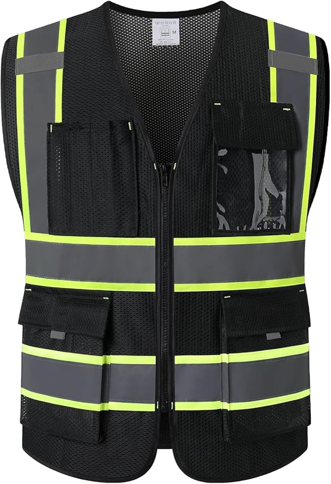 9 Pockes Black Reflecive Safety Vest for Men with Double Stitching Knots around All Pockets and Zipper High Visibility Mesh Construction Work Vest,Meets ANSI/ISEA Standards(EK176-Black-XL)
