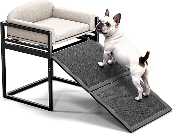AZV Non Slip Dog Stairs Ramps for High Bed,Extra Wide Seat Chairs Mate for Small Puppy,Metal Frame Steps for Doggie to Get on Bed with Platform,Office Window Old Doggy Couch,Dachshunds Ladder Khaki