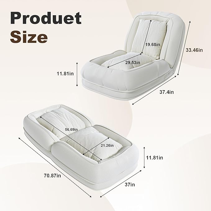 Adjustable 5-Position Human Dog Bed for People, Big Comfy Plush Floor Gaming Lazy Sofa Chair with Pillows & Back Support, Foldable Lounge Loveseat Couch for Living Room Bedroom (Off White)