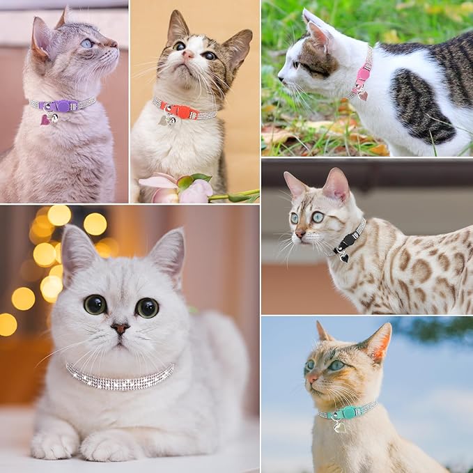 Rhinestone Cat Collar Breakaway with Bell, Diamond Cat Collar with Safety Buckle Quick Release for Girl Boy Small Kitten Pets Puppy,Cute Soft Female Male Cat Collars, Colorful Pink 8-12"