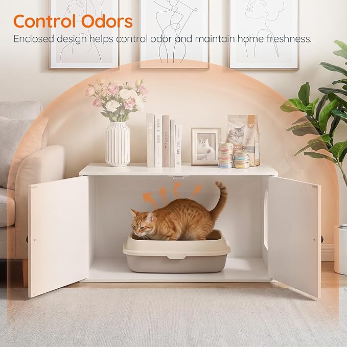 HOOBRO Cat Litter Box Enclosure, Hidden Litter Box Furniture with Side Entry, Litter Box Cabinet, Indoor Cat House, End Side Table, 31.5"L x 17.7"W x 16.3"H, for Living Room, Bathroom, White WT40MW01