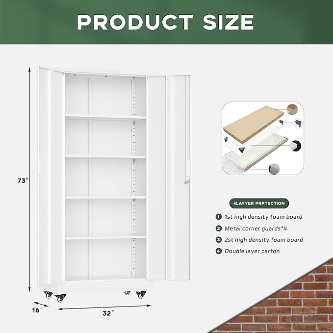 Greenvelly Metal Garage Storage Cabinet with Wheels, 73" White Steel Rolling Cabinet with 2 Door Lock and Adjustable Shelves,Locking Storage Cabinet for Garage Home Office Utility Room