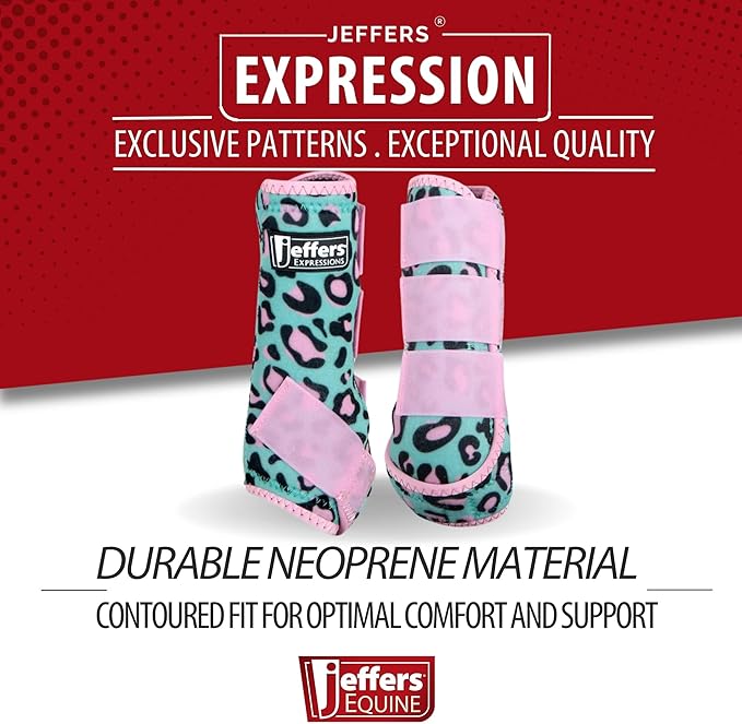 Jeffers Expression Protective Horse Boots 1 Pair, Party Cheetah- Safe Neoprene Leg Guards, Comfortable Fit, Durable Strap Closures, Front & Hind Support, Accessories for Travel & Riding - Large
