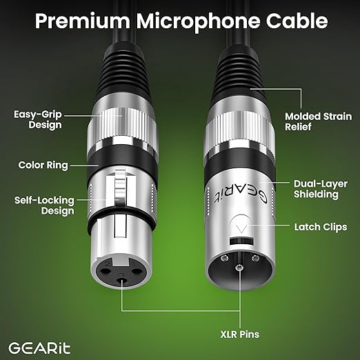 GEARit XLR Male to Female Microphone Cable (6 Feet, 6-Pack) 3-Pin Balanced Shielded Mixer, Recording Studio, Podcast - Black
