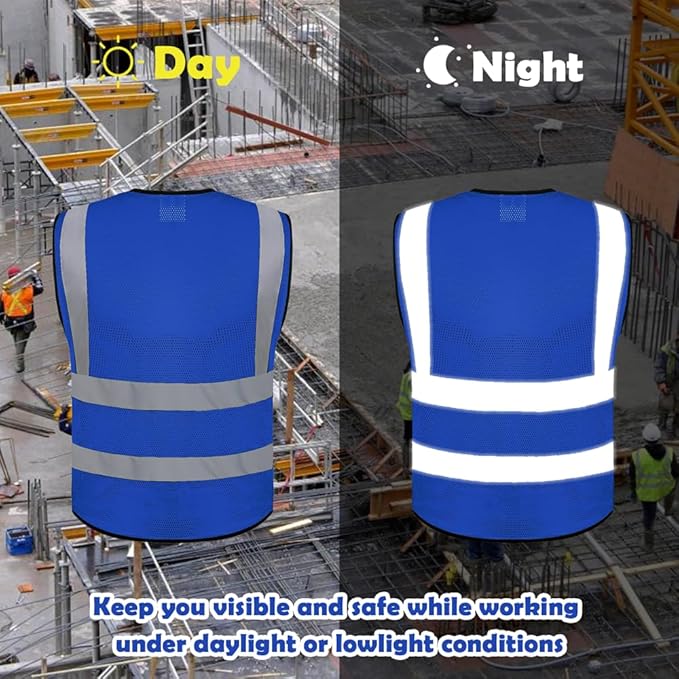 10 Pack Mesh Safety Vest Custom Logo High Visibility Reflective Vest with Pockets Security Work Vest（Blue，XXL）