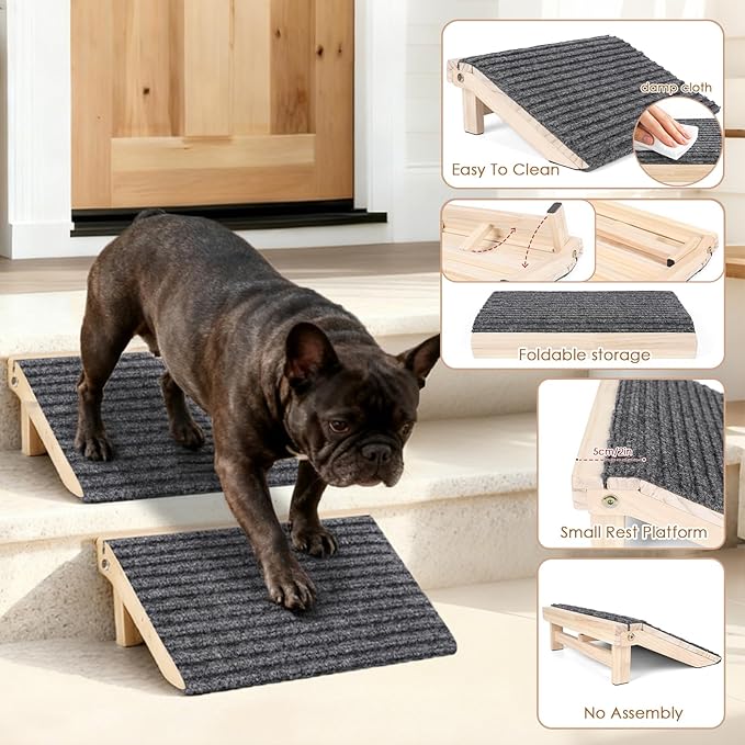 2 Pack Dog Ramp for Stairs - Foldable Wood Dog Stair Ramp with Non-Slip Carpet Surface, Portable Pet Steps for Stairs, Threshold- Assist Small Dog, Senior and Injured Dogs, Easy Store (Pet Safe)