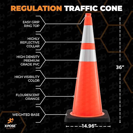 Xpose Safety 36 Inch Orange Traffic Cones Heavy Duty 15lb with 6" & 4" Collars, 8 Pack - Multipurpose PVC Plastic Safety Cone for Parking, Soccer, Caution, Kids and Construction - DOT Approved