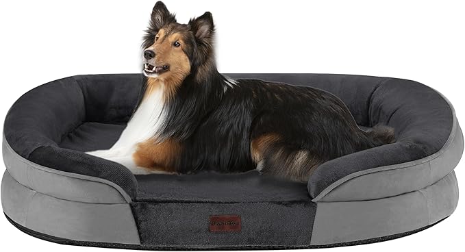 Dwanton Orthopedic Dog Bed for Large Dogs with Gel Memory Foam, Waterproof Dog Sofa, Washable Pet Bed with Four Sided Bolster Cushion, Removable Cover & Non-Slip Bottom, 38", Dark Gray