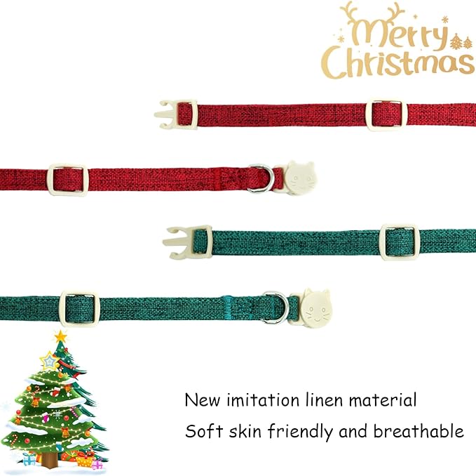 Christmas Cat Collar-2 Pack Cat Collar Red and Green Linnet with Kitten and Bell Pendant Safety Buckle Adjustable Pet Collar Suitable for Cats Gift to Cats and Small Pets