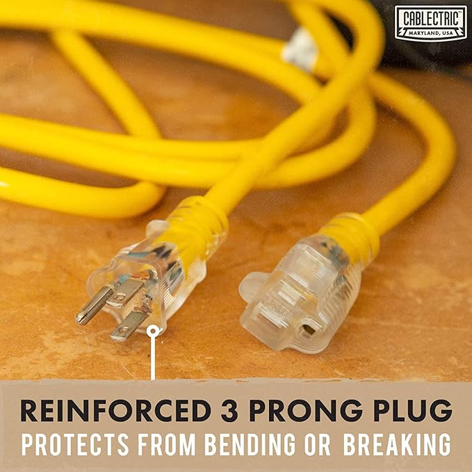 15 Ft Outdoor Extension Cord - 15 Amp 12/3 SJTW Heavy Duty Yellow 12 Gauge Lighted Electrical Cable with 3 Prong Grounded Plug