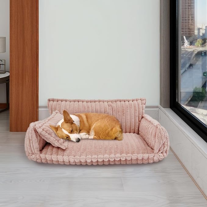 Pet Couch Bed for Dog and Cat, Plush Calming Couch for Pets with Removable Washable Cover, Modern Sofa Style Pet Bed for Home Living Room (Pink)