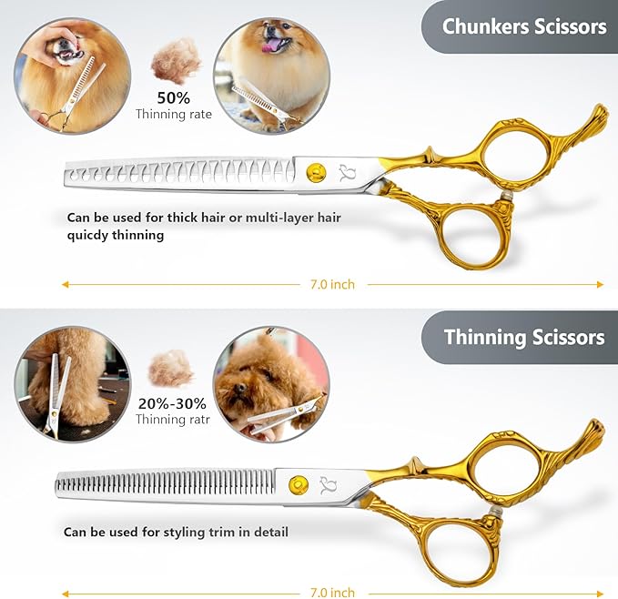 Dog Grooming Scissors,Chunkers Shears and Thinning Shears with Safety Round Tips, Sharp and Comfortable 4 in 1 Dog Scissors for Grooming