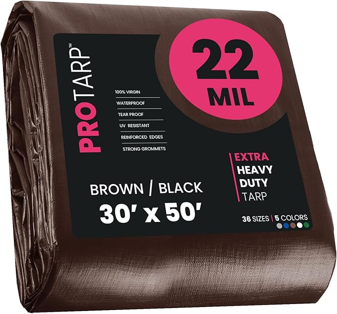 PROTARP Extreme Heavy Duty 22 Mil Tarp Cover, Waterproof, UV Resistant, Rip and Tear Proof, Poly Tarpaulin with Reinforced Edges for Roof, Camping, Patio, Pool, Boat. (Brown/Black 30′ X 50′)