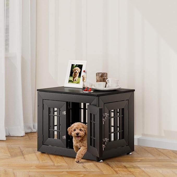 26" Heavy Duty Dog Crate Furniture for Small,Medium and Large Dogs,Rustic Wooden Dog Cage Kennel Indoor Furniture with Waterproof Top,Decorative Pet House Side End Table (Black)
