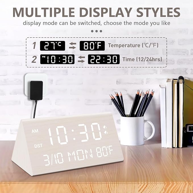 Kogonee Wooden Digital Alarm Clock, 0-100% Dimmer, 2 Alarm Settings,