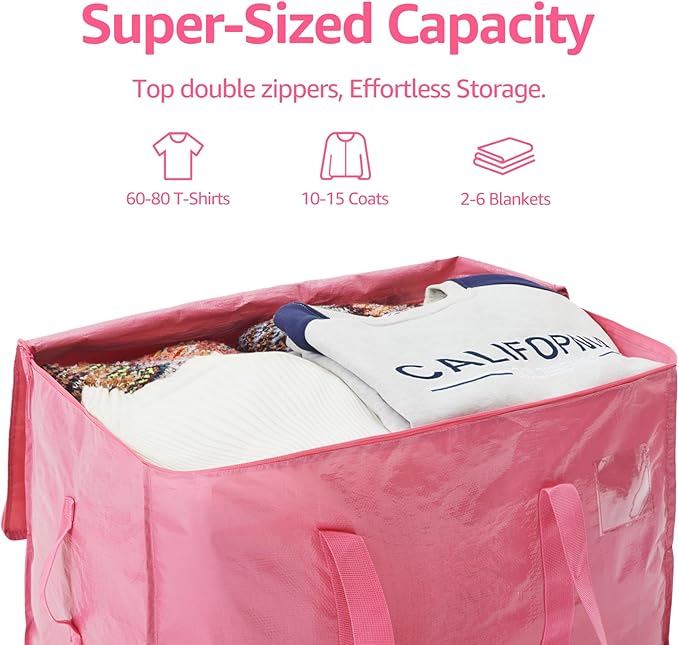 Moving Bags Heavy Duty Extra Large, Moving Boxes, Moving Supplies Essentials,Storage Bins with Lids, Plastic Packing Totes, Storage Bags for Clothes with Handles & Zippers(Pink, 4 Pack)