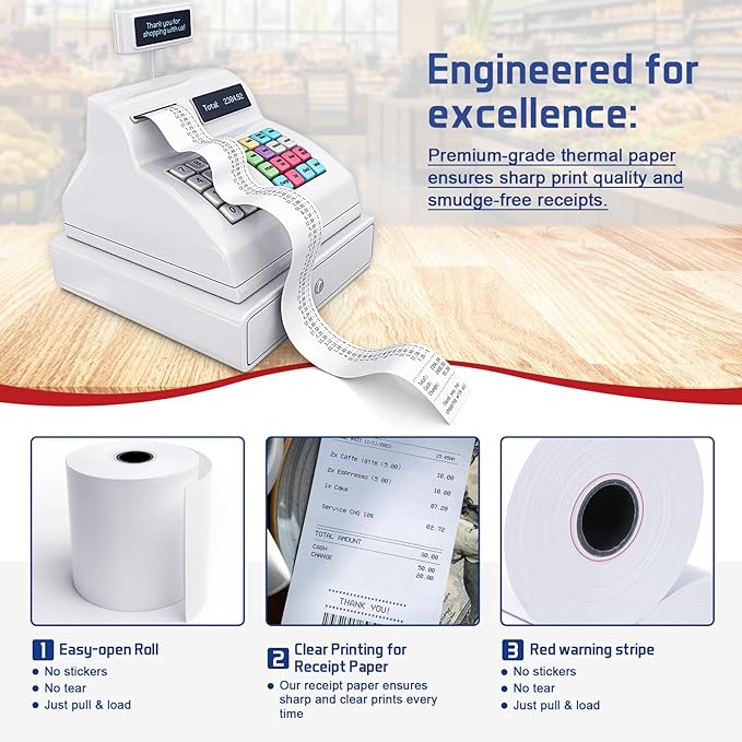 (100 Rolls) Premium 2 1/4 x 50 Thermal Paper Rolls - BPA Free Credit Card Receipt Paper, Suitable for POS & ATM Systems