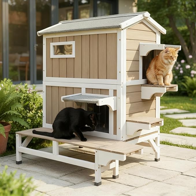 Cat Houses for Outdoor Cats, Wooden Two Story Cat House Weatherproof with 3 Jumping Platforms, 3 Doors, Balcony, Indoor Feral Cat Shelter with Openable Roof for Small Animals, Grey