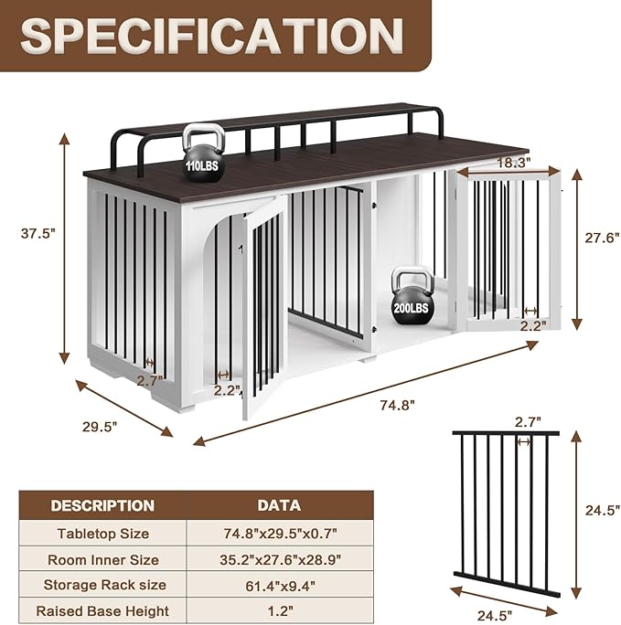 Large Dog Kennel Furniture for 2 Dogs,74.8'' XXL Wooden Double Dog Crates Cage Furniture Style with Divider for Large Breed with Storage Rack Shelf TV Stand Table Indoor,White